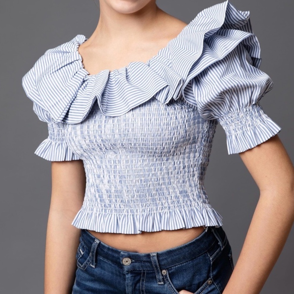 Habitual kid Blue Striped Off-Shoulder Ruffle Crop Top